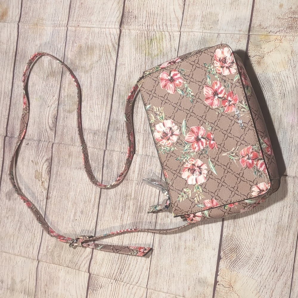 Nine West Coated Canvas Ligh Brown With Pink Floral Pattern Crossbody Bag